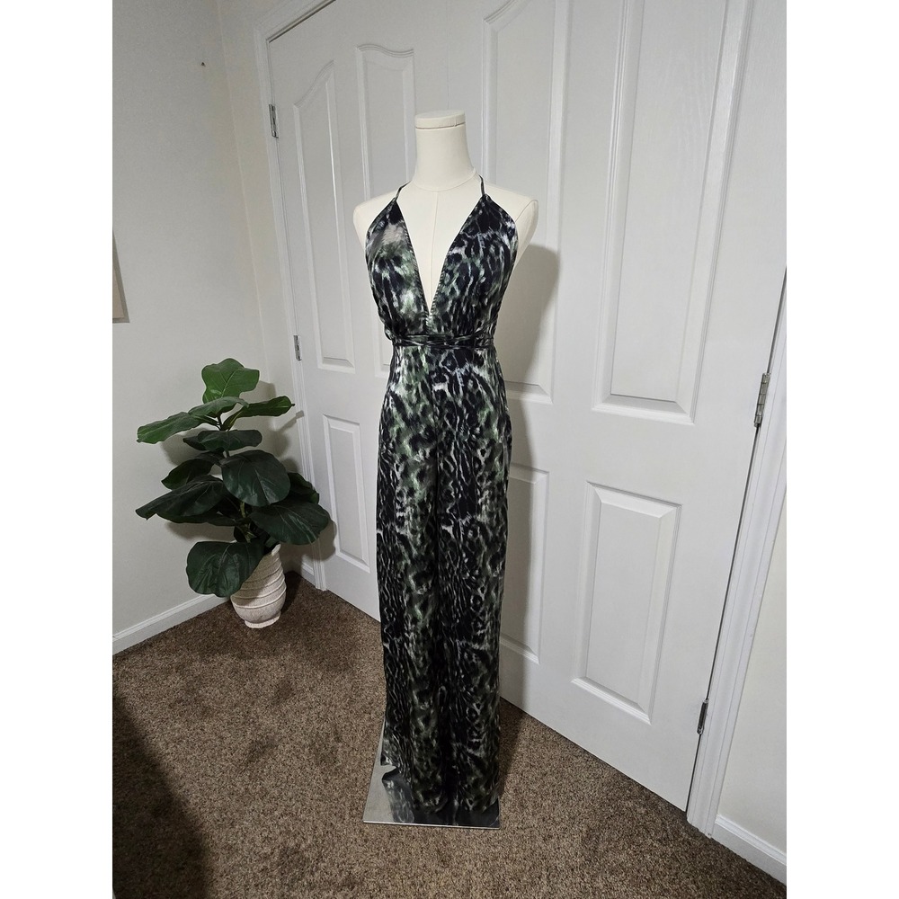 PrettyLittleThing Jumpsuit Women 2 Green Black Animal Print Plunge Wide Leg Open